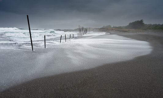 MacKerricher Beach winter storm, sweeping wave rolling up the long beach.