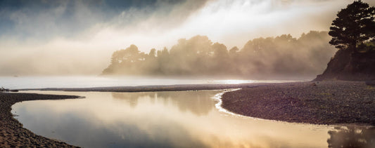 Photo of a brightly lit fog bank and an ocean bay, luminous, against a pale headland in the hazy distance.