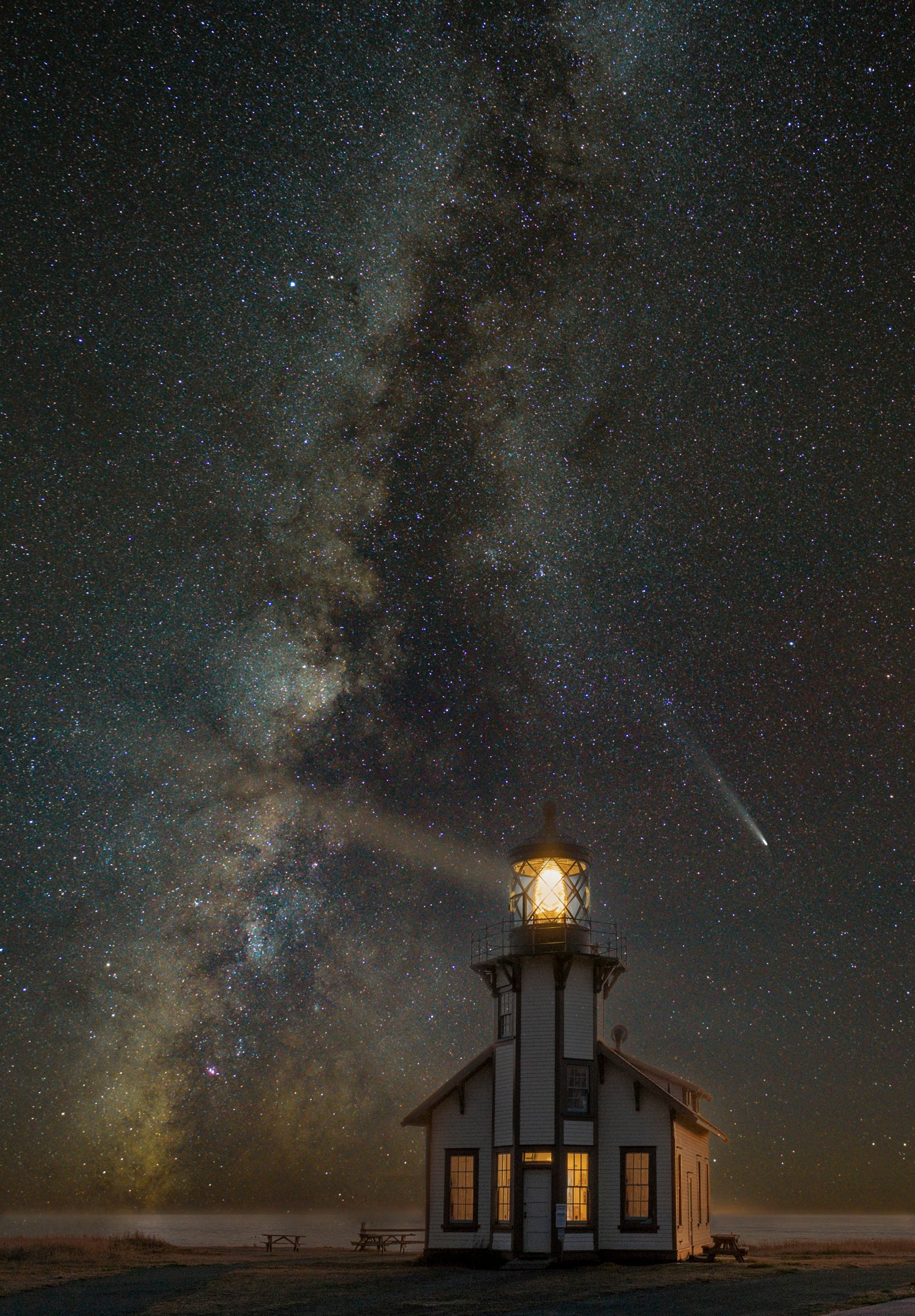 Comet Tsuchinshan ATLAS and the Milky Way at Point Cabrillo Lighthouse